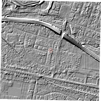 Shaded relief map of the ground around TW153NQ, computed from Environment Agency LiDAR. The ground here sits at about 14 m above sea level and falls 7 m across the surrounding 800 m. Surface water reaching this point runs off ground lying to the south-south-west, 2.5 m higher.