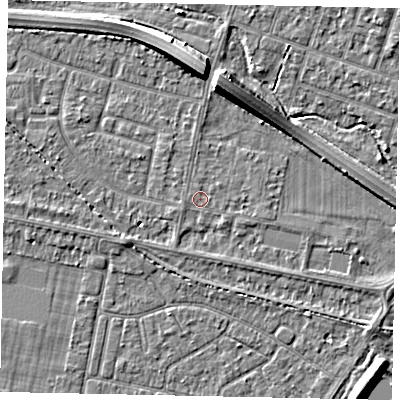 Shaded relief map of the ground around TW153NR, computed from Environment Agency LiDAR. The ground here sits at about 14 m above sea level and falls 8 m across the surrounding 800 m. The ground contributing surface water to this point lies to the north.