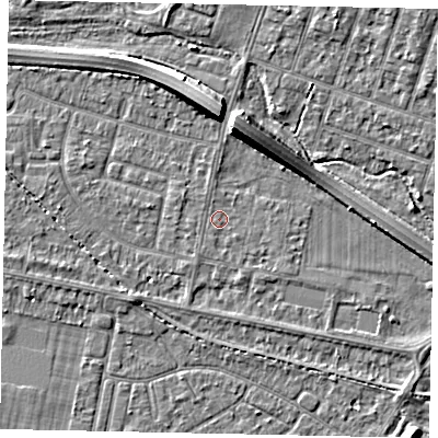 Shaded relief map of the ground around TW153NS, computed from Environment Agency LiDAR. The ground here sits at about 14 m above sea level and falls 8 m across the surrounding 800 m. Surface water reaching this point runs off ground lying to the south-south-west, 0.7 m higher.