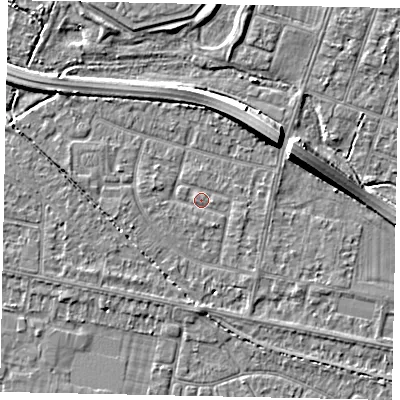 Shaded relief map of the ground around TW153NU, computed from Environment Agency LiDAR. The ground here sits at about 14 m above sea level and falls 7 m across the surrounding 800 m. Surface water reaching this point runs off ground lying to the south, 2.5 m higher.