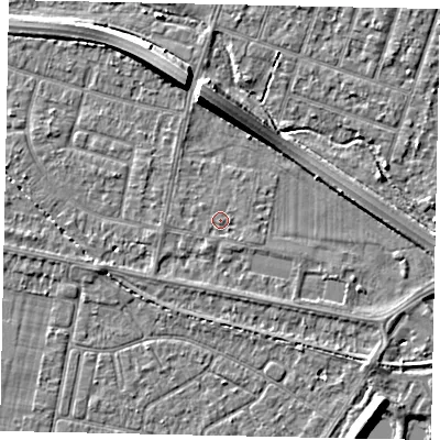 Shaded relief map of the ground around TW153NW, computed from Environment Agency LiDAR. The ground here sits at about 14 m above sea level and falls 8 m across the surrounding 800 m. Surface water reaching this point runs off ground lying to the south, 0.6 m higher.