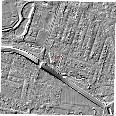 Shaded relief map of the ground around TW153PA, computed from Environment Agency LiDAR. The ground here sits at about 14 m above sea level and falls 8 m across the surrounding 800 m. Surface water reaching this point runs off ground lying to the west-south-west, 7.5 m higher.