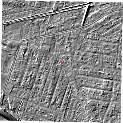 Shaded relief map of the ground around TW153PD, computed from Environment Agency LiDAR. The ground here sits at about 14 m above sea level and falls 8 m across the surrounding 800 m. Surface water reaching this point runs off ground lying to the north, 2.2 m higher.