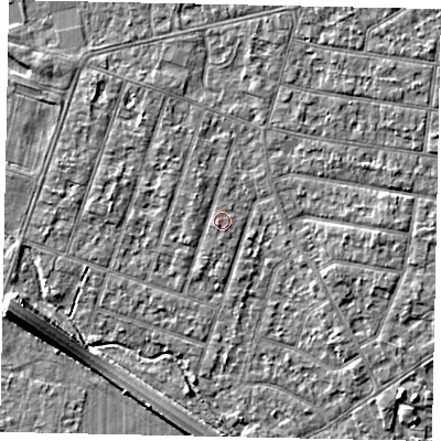 Shaded relief map of the ground around TW153PG, computed from Environment Agency LiDAR. The ground here sits at about 14 m above sea level and falls 8 m across the surrounding 800 m. Surface water reaching this point runs off ground lying to the west-north-west, 0.8 m higher.