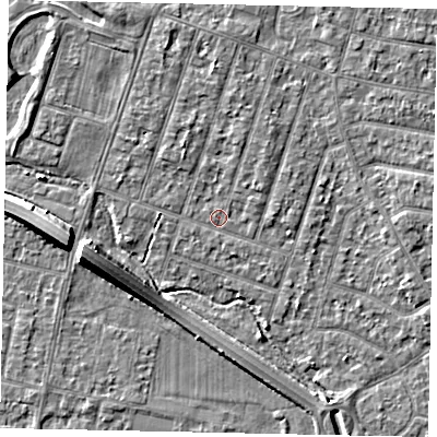 Shaded relief map of the ground around TW153PH, computed from Environment Agency LiDAR. The ground here sits at about 14 m above sea level and falls 8 m across the surrounding 800 m. Surface water reaching this point runs off ground lying to the north-north-east, 1.4 m higher.
