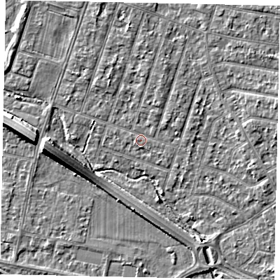 Shaded relief map of the ground around TW153PJ, computed from Environment Agency LiDAR. The ground here sits at about 14 m above sea level and falls 8 m across the surrounding 800 m. Surface water reaching this point runs off ground lying to the north, 1.4 m higher.