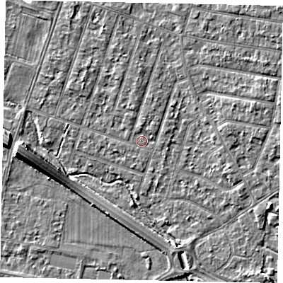 Shaded relief map of the ground around TW153PL, computed from Environment Agency LiDAR. The ground here sits at about 14 m above sea level and falls 8 m across the surrounding 800 m. Surface water reaching this point runs off ground lying to the north-north-west, 1.4 m higher.