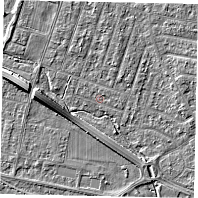 Shaded relief map of the ground around TW153PN, computed from Environment Agency LiDAR. The ground here sits at about 14 m above sea level and falls 8 m across the surrounding 800 m. Surface water reaching this point runs off ground lying to the west, 7.5 m higher.