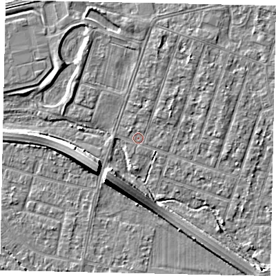 Shaded relief map of the ground around TW153PP, computed from Environment Agency LiDAR. The ground here sits at about 14 m above sea level and falls 8 m across the surrounding 800 m. Surface water reaching this point runs off ground lying to the north-east, 1.5 m higher.