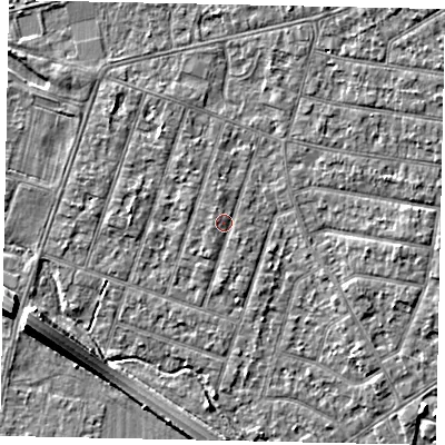 Shaded relief map of the ground around TW153PQ, computed from Environment Agency LiDAR. The ground here sits at about 15 m above sea level and falls 8 m across the surrounding 800 m. Surface water reaching this point runs off ground lying to the west, 0.9 m higher.