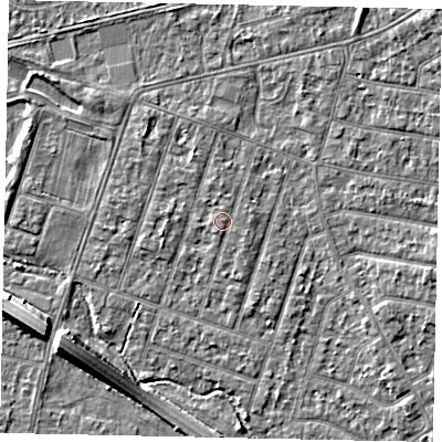 Shaded relief map of the ground around TW153PR, computed from Environment Agency LiDAR. The ground here sits at about 15 m above sea level and falls 8 m across the surrounding 800 m. Surface water reaching this point runs off ground lying to the south-south-west, 0.6 m higher.