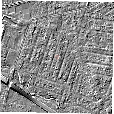 Shaded relief map of the ground around TW153PS, computed from Environment Agency LiDAR. The ground here sits at about 15 m above sea level and falls 8 m across the surrounding 800 m. Surface water reaching this point runs off ground lying to the west, 0.6 m higher.
