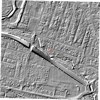 Shaded relief map of the ground around TW153PW, computed from Environment Agency LiDAR. The ground here sits at about 13 m above sea level and falls 8 m across the surrounding 800 m. Surface water reaching this point runs off ground lying to the west, 7.5 m higher.