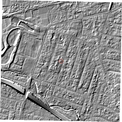 Shaded relief map of the ground around TW153PZ, computed from Environment Agency LiDAR. The ground here sits at about 15 m above sea level and falls 8 m across the surrounding 800 m. Surface water reaching this point runs off ground lying to the north-north-west, 1.3 m higher.