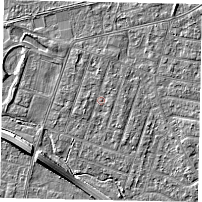 Shaded relief map of the ground around TW153QA, computed from Environment Agency LiDAR. The ground here sits at about 15 m above sea level and falls 8 m across the surrounding 800 m. Surface water reaching this point runs off ground lying to the north-north-west, 1.3 m higher.