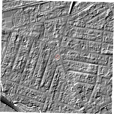 Shaded relief map of the ground around TW153QN, computed from Environment Agency LiDAR. The ground here sits at about 14 m above sea level and falls 6 m across the surrounding 800 m. Surface water reaching this point runs off ground lying to the north-east, 2.2 m higher.