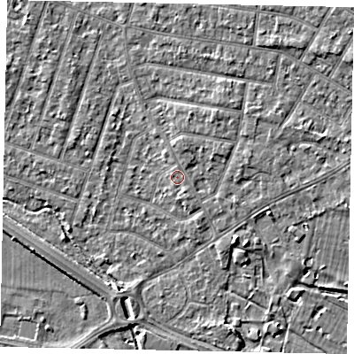 Shaded relief map of the ground around TW153QY, computed from Environment Agency LiDAR. The ground here sits at about 15 m above sea level and falls 4 m across the surrounding 800 m. Surface water reaching this point runs off ground lying to the north, 1.0 m higher.