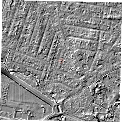 Shaded relief map of the ground around TW153QZ, computed from Environment Agency LiDAR. The ground here sits at about 14 m above sea level and falls 5 m across the surrounding 800 m. Surface water reaching this point runs off ground lying to the east-north-east, 2.4 m higher.