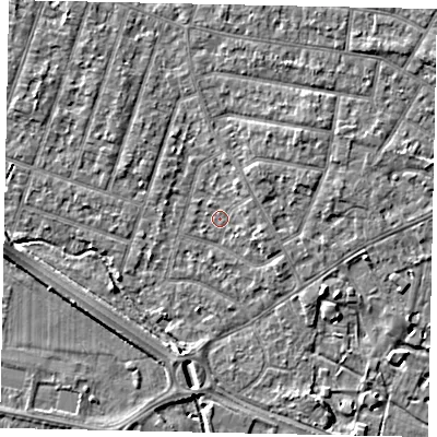 Shaded relief map of the ground around TW153RA, computed from Environment Agency LiDAR. The ground here sits at about 14 m above sea level and falls 4 m across the surrounding 800 m. Surface water reaching this point runs off ground lying to the north-east, 2.4 m higher.