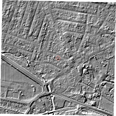 Shaded relief map of the ground around TW153RB, computed from Environment Agency LiDAR. The ground here sits at about 14 m above sea level and falls 4 m across the surrounding 800 m. Surface water reaching this point runs off ground lying to the north-east, 1.8 m higher.