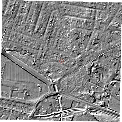 Shaded relief map of the ground around TW153RD, computed from Environment Agency LiDAR. The ground here sits at about 14 m above sea level and falls 4 m across the surrounding 800 m. Surface water reaching this point runs off ground lying to the north-north-east, 2.4 m higher.
