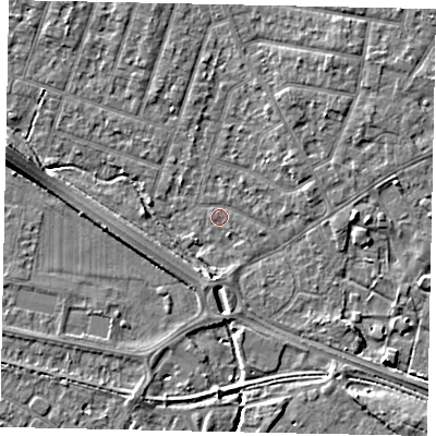 Shaded relief map of the ground around TW153RE, computed from Environment Agency LiDAR. The ground here sits at about 14 m above sea level and falls 6 m across the surrounding 800 m. Surface water reaching this point runs off ground lying to the north-east, 2.4 m higher.