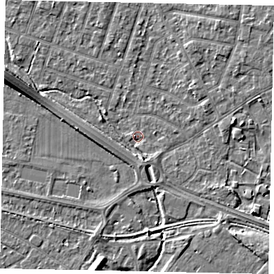 Shaded relief map of the ground around TW153RF, computed from Environment Agency LiDAR. The ground here sits at about 14 m above sea level and falls 7 m across the surrounding 800 m. Surface water reaching this point runs off ground lying to the west, 2.7 m higher.