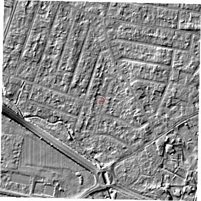 Shaded relief map of the ground around TW153RG, computed from Environment Agency LiDAR. The ground here sits at about 14 m above sea level and falls 6 m across the surrounding 800 m. Surface water reaching this point runs off ground lying to the east-north-east, 2.2 m higher.
