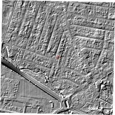 Shaded relief map of the ground around TW153RJ, computed from Environment Agency LiDAR. The ground here sits at about 14 m above sea level and falls 7 m across the surrounding 800 m. Surface water reaching this point runs off ground lying to the north-west, 1.2 m higher.