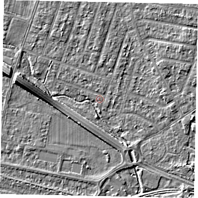 Shaded relief map of the ground around TW153RL, computed from Environment Agency LiDAR. The ground here sits at about 14 m above sea level and falls 8 m across the surrounding 800 m. Surface water reaching this point runs off ground lying to the west-north-west, 7.5 m higher.