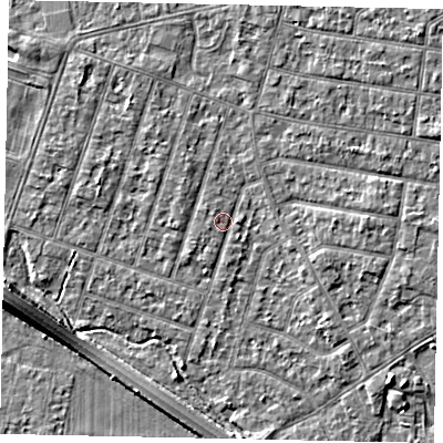Shaded relief map of the ground around TW153RN, computed from Environment Agency LiDAR. The ground here sits at about 14 m above sea level and falls 7 m across the surrounding 800 m. Surface water reaching this point runs off ground lying to the north-west, 0.9 m higher.