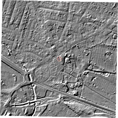 Shaded relief map of the ground around TW153RP, computed from Environment Agency LiDAR. The ground here sits at about 14 m above sea level and falls 6 m across the surrounding 800 m. Surface water reaching this point runs off ground lying to the east-north-east, 1.1 m higher.