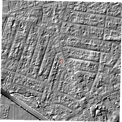 Shaded relief map of the ground around TW153RQ, computed from Environment Agency LiDAR. The ground here sits at about 14 m above sea level and falls 5 m across the surrounding 800 m. Surface water reaching this point runs off ground lying to the north-east, 2.2 m higher.