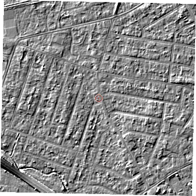Shaded relief map of the ground around TW153RR, computed from Environment Agency LiDAR. The ground here sits at about 14 m above sea level and falls 6 m across the surrounding 800 m. Surface water reaching this point runs off ground lying to the east-south-east, 1.9 m higher.