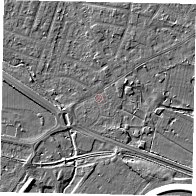 Shaded relief map of the ground around TW153RU, computed from Environment Agency LiDAR. The ground here sits at about 13 m above sea level and falls 12 m across the surrounding 800 m. Surface water reaching this point runs off ground lying to the north-north-east, 2.3 m higher.