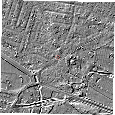 Shaded relief map of the ground around TW153RY, computed from Environment Agency LiDAR. The ground here sits at about 14 m above sea level and falls 4 m across the surrounding 800 m. Surface water reaching this point runs off ground lying to the north, 2.3 m higher.