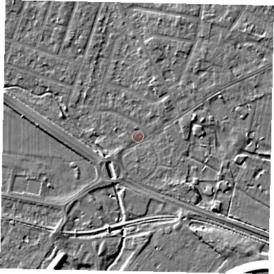 Shaded relief map of the ground around TW153RZ, computed from Environment Agency LiDAR. The ground here sits at about 14 m above sea level and falls 12 m across the surrounding 800 m. Surface water reaching this point runs off ground lying to the north-north-east, 2.3 m higher.