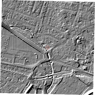 Shaded relief map of the ground around TW153SA, computed from Environment Agency LiDAR. The ground here sits at about 14 m above sea level and falls 12 m across the surrounding 800 m. Surface water reaching this point runs off ground lying to the east-south-east, 0.9 m higher.