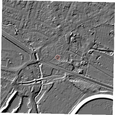 Shaded relief map of the ground around TW153SB, computed from Environment Agency LiDAR. The ground here sits at about 14 m above sea level and falls 12 m across the surrounding 800 m. Surface water reaching this point runs off ground lying to the south-east, 0.6 m higher.