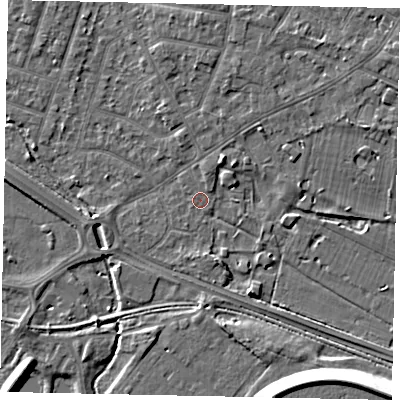 Shaded relief map of the ground around TW153SD, computed from Environment Agency LiDAR. The ground here sits at about 14 m above sea level and falls 12 m across the surrounding 800 m. Surface water reaching this point runs off ground lying to the north-north-east, 1.3 m higher.