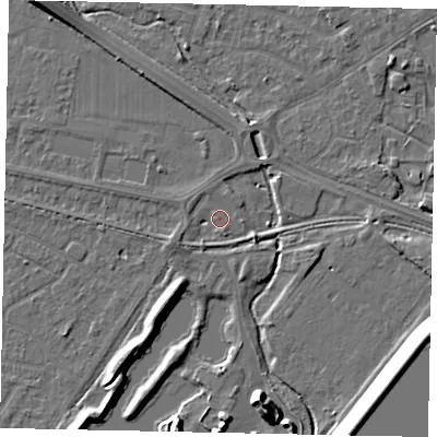 Shaded relief map of the ground around TW153SE, computed from Environment Agency LiDAR. The ground here sits at about 14 m above sea level and falls 12 m across the surrounding 800 m. Surface water reaching this point runs off ground lying to the east-south-east, 3.3 m higher.