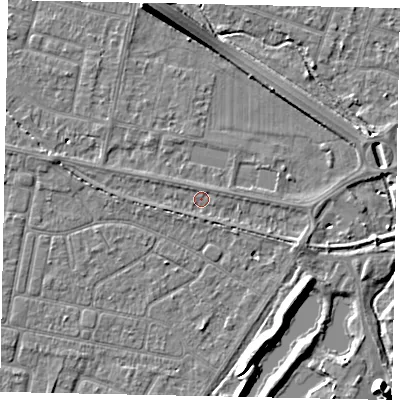Shaded relief map of the ground around TW153SF, computed from Environment Agency LiDAR. The ground here sits at about 14 m above sea level and falls 10 m across the surrounding 800 m. Surface water reaching this point runs off ground lying to the east-south-east, 1.6 m higher.