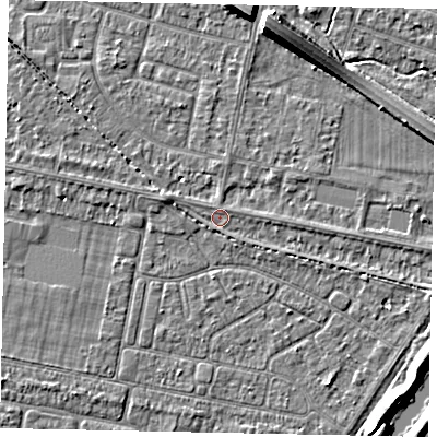 Shaded relief map of the ground around TW153SG, computed from Environment Agency LiDAR. The ground here sits at about 14 m above sea level and falls 8 m across the surrounding 800 m. Surface water reaching this point runs off ground lying to the west-north-west, 1.0 m higher.