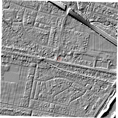 Shaded relief map of the ground around TW153SH, computed from Environment Agency LiDAR. The ground here sits at about 14 m above sea level and falls 8 m across the surrounding 800 m. Surface water reaching this point runs off ground lying to the south-south-west, 0.9 m higher.