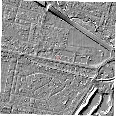 Shaded relief map of the ground around TW153SJ, computed from Environment Agency LiDAR. The ground here sits at about 14 m above sea level and falls 8 m across the surrounding 800 m. Surface water reaching this point runs off ground lying to the north-west, 1.0 m higher.