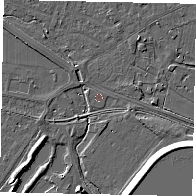 Shaded relief map of the ground around TW153SL, computed from Environment Agency LiDAR. The ground here sits at about 14 m above sea level and falls 12 m across the surrounding 800 m. Surface water reaching this point runs off ground lying to the west-north-west, 0.5 m higher.