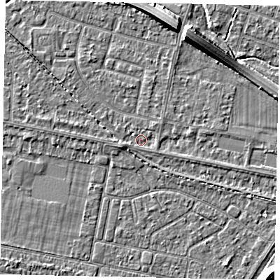 Shaded relief map of the ground around TW153SQ, computed from Environment Agency LiDAR. The ground here sits at about 14 m above sea level and falls 7 m across the surrounding 800 m. Surface water reaching this point runs off ground lying to the west-south-west, 2.5 m higher.