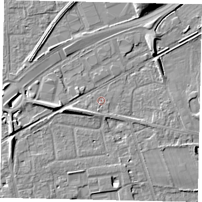 Shaded relief map of the ground around TW165AB, computed from Environment Agency LiDAR. The ground here sits at about 12 m above sea level and falls 10 m across the surrounding 800 m. Surface water reaching this point runs off ground lying to the west-south-west, 3.1 m higher.