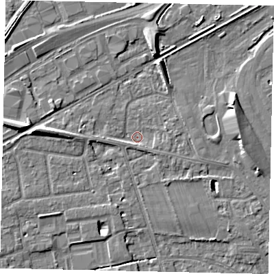 Shaded relief map of the ground around TW165AD, computed from Environment Agency LiDAR. The ground here sits at about 11 m above sea level and falls 8 m across the surrounding 800 m. Surface water reaching this point runs off ground lying to the east, 1.5 m higher.