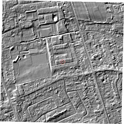 Shaded relief map of the ground around TW165BA, computed from Environment Agency LiDAR. The ground here sits at about 12 m above sea level and falls 4 m across the surrounding 800 m. The ground contributing surface water to this point lies to the south-west.